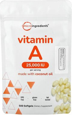 Micro Ingredients, Vitamin A, 7.500 mcg (25.000 IU), 500 Weichkapseln