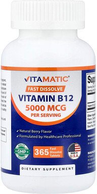 Vitamatic, Vitamin B12, Natural Berry, Vitamin B12, natürliche Beere, 5.000 mcg, 365 schnell auflösende Tabletten (2.500...