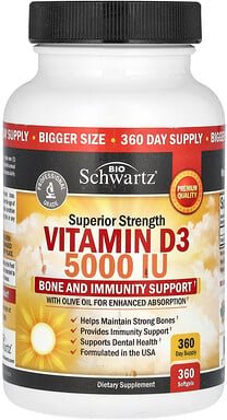 Thumbnail - BioSchwartz, Superior Strength, Vitamin D3, verbesserte Stärke, Vitamin D3, 5.000 IU, 360 Weichkapseln