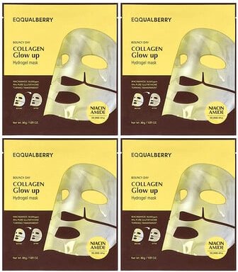 EQQUALBERRY, Collagen Glow Up Hydrogel Beauty Mask, leuchtende Kollagen-Hydrogel-Maske, 4 Masken, je 30 g (1,01 oz.).