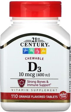 Thumbnail - 21st Century, Chewable Vitamin D3, Kautabletten mit Vitamin D3, Orange, 10 mcg (400 IU), 110 Tabletten