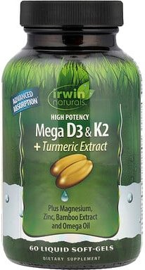 Irwin Naturals, High Potency Mega D3 & K2 + Turmeric Extract, Vitamin D3 und K2 + Kurkumaextrakt, 60 mit Flüssigkeit gef...