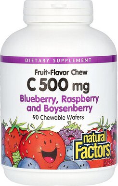 Natural Factors, Fruit-Aroma Kau-Vitamin C, Heidelbeere, Himbeere und Boysenbeere, 500 mg, 90 Kauwaffeln