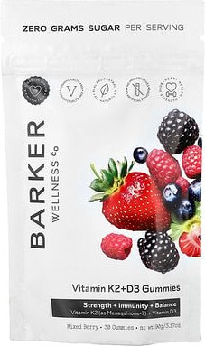 Barker Wellness Co, Vitamin K2 + D3 Gummies, Fruchtgummis mit Vitamin K2 und D3, gemischte Beeren, 30 Fruchtgummis
