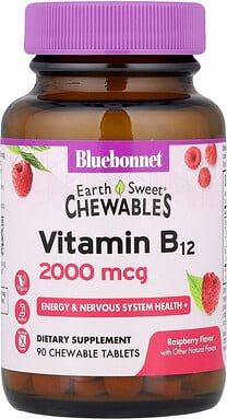 Bluebonnet Nutrition, Earth Sweet® Chewables, Vitamin B12, Himbeere, 2.000 mcg, 90 Kautabletten