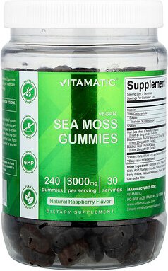 Vitamatic, Vegan Sea Moss Gummies, vegane Seemoos-Fruchtgummis, natürliche Himbeere, 240 Fruchtgummis