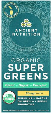 Ancient Nutrition, Organic Super Greens, Bio-Supergemüse, Mango, 16 Sticks für unterwegs, je 7,7 g (0,3 oz.).