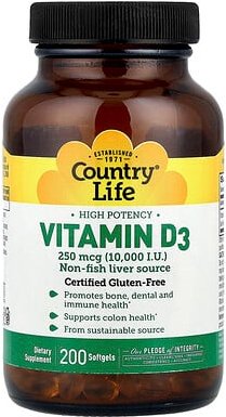 Thumbnail - Country Life, High Potency Vitamin D3, hochwirksames Vitamin D3, 250 mcg (10.000 IU), 200 Weichkapseln