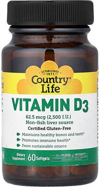 Country Life, Vitamin D3, 62,5 mcg (2.500 IU), 60 Weichkapseln
