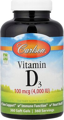 Carlson, Vitamin D3, 100 mcg (4.000 IU), 360 Weichkapseln