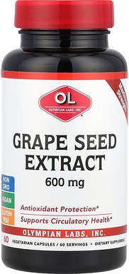 Olympian Labs, Grape Seed Extract, Traubenkernextrakt, maximale Stärke, 600 mg, 60 pflanzliche Kapseln