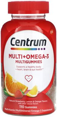 Centrum, Multi + Omega-3 Multigummis, natürliche Erdbeere, Zitrone und Orange, 110 Fruchtgummis