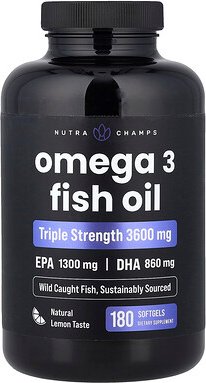 NutraChamps, Omega 3 Fish Oil, Omega-3-Fischöl, natürlicher Zitronengeschmack, 180 Weichkapseln (1.200 mg pro Weichkapse...