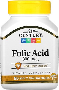 Thumbnail - 21st Century, Folsäure, 800 mcg, 180 einfach zu schluckende Tabletten