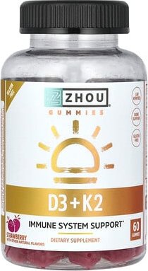 Zhou Nutrition, D3 + K2 Gummies, Fruchtgummis mit D3 und K2, Erdbeere, 60 Fruchtgummis