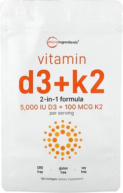 Micro Ingredients, Vitamin D3 + K2, 180 Weichkapseln