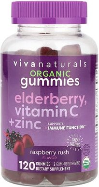 Viva Naturals, Organic Elderberry, Bio-Holunder, Vitamin C + Zink-Fruchtgummis, Himbeerrausch, 120 Fruchtgummis