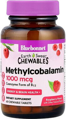 Bluebonnet Nutrition, EarthSweet Kautabletten, Methylcobalamin, natürlicher Himbeergeschmack, 1.000 mcg, 60 Kautabletten
