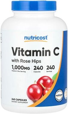 Nutricost, Vitamin C with Rose Hips, Vitamin C mit Hagebutte, 1.000 mg, 240 Kapseln