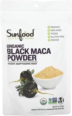 Sunfood, Raw Organic Black Maca Powder, rohes schwarzes Bio-Maca-Pulver, 113 g (4 oz.)