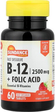 Sundance Vitamins, Fast Dissolve B-12 + Folic Acid, schnell auflösendes Vitamin B12 + Folsäure, natürlicher Beerengeschm...