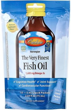 Carlson, Norwegian, The Very Finest Fish Oil, feines Fischöl, natürlicher Zitronengeschmack, 15 Päckchen, je 5 ml (0,17 ...