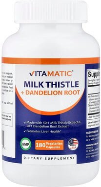 Vitamatic, Milk Thistle + Dandelion Root, Mariendistel + Löwenzahnwurzel, 180 pflanzliche Kapseln