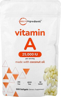 Micro Ingredients, Vitamin A, 7.500 mcg (25.000 IU), 500 Weichkapseln