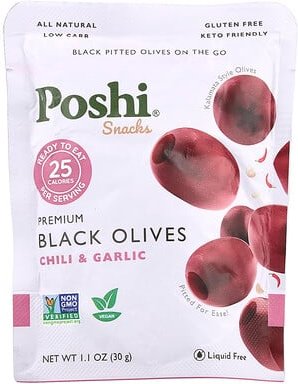 Poshi, Snacks, Premium Black Olives, Chili & Garlic, hochwertige schwarze Oliven, Chili und Knoblauch, 30 g (1,1 oz.)