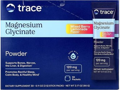 Thumbnail - Trace, Magnesium Glycinate Powder, Magnesiumglycinatpulver, gemischte Beerenlimonade, 30 Sticks, je 3 g (0,11 oz.).