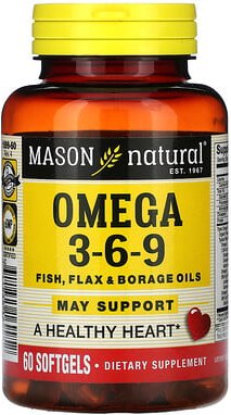 Mason Natural, Omega 3-6-9, Fisch-, Lein- und Borretschöl, 60 Weichkapseln