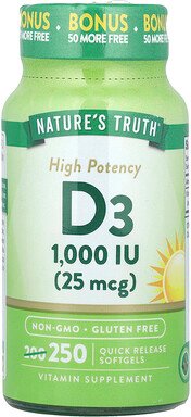 Nature's Truth, Hochwirksames Vitamin D3, 25 mcg (1.000 IU), 250 Weichkapseln mit schneller Freisetzung