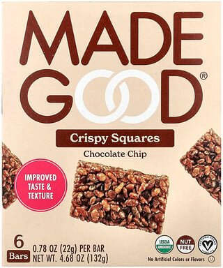 MadeGood, Knusprige Quadrate, Schokoladensplitter, 6 Riegel, je 0,78 oz. (22 g)