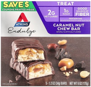 Atkins, Endulge™, Caramel Nut Chew Bar, Karamell-Nuss-Riegel, 5 Riegel, je 34 g (1,2 oz.)