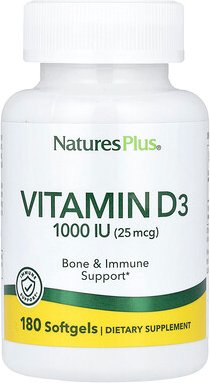 NaturesPlus, Vitamin D3, 25 mcg (1.000 IU), 180 Weichkapseln