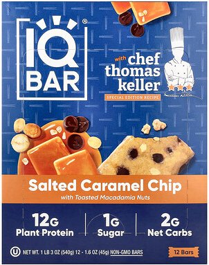 IQBAR, Plant Protein Bar, Bar mit gesalzenem Karamell und gerösteten Macadamianüssen, 12 Riegel, je 45 g (1,6 oz.).