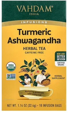 VAHDAM India, Infusions, Turmeric Ashwagandha, Kurkuma-Ashwagandha, koffeinfrei, 18 Infusionsbeutel, 32,4 g (1,14 oz.)