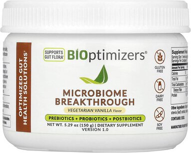 BIOptimizers, Microbiome Breakthrough, Präbiotika + Probiotika + Postbiotika, vegetarische Vanille, 150 g (5,29 oz.)