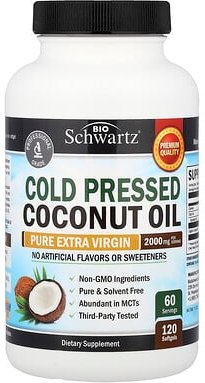 BioSchwartz, Cold Pressed Coconut Oil, kaltgepresstes Kokosnussöl, reines extra natives Öl, 120 Weichkapseln (1.000 mg p...