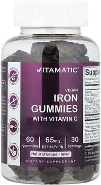 Thumbnail - Vitamatic, Vegan Iron Gummies With Vitamin C, vegane Eisen-Fruchtgummis mit Vitamin C, natürliche Traube, 60 Fruchtgummi...