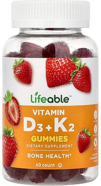 Lifeable, Vitamin D3 + K2 Fruchtgummis, natürliche Erdbeere, 60 Fruchtgummis