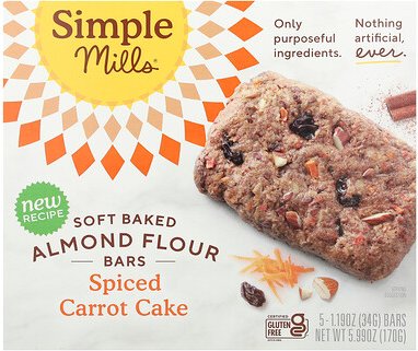 Simple Mills, Weich gebackene Mandelmehlriegel, gewürzter Karottenkuchen, 5 Riegel, je 34 g (1,19 oz.)