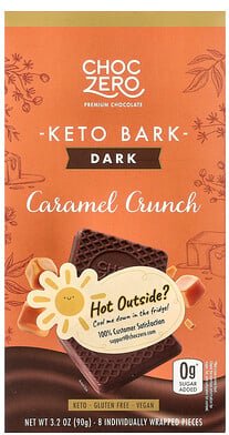 ChocZero, Keto Bark, Dark Chocolate, Caramel Crunch, dunkle Schokolade, Karamell-Crunch, 8 Mini-Riegel, 90 g (3,2 oz.)