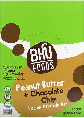 BHU Foods, Veganer Proteinriegel, Erdnussbutter + Schokoladenstückchen, 12 Riegel, je 45 g (1,6 oz.)