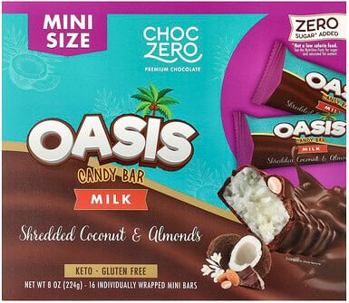 ChocZero, Oasis Candy Bar, Milch, Kokosraspeln und Mandeln, 16 einzeln verpackte Miniriegel, je 14 g (0,5 oz.)