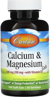 Carlson, Calcium- und Magnesiumgele mit Vitamin D3, 100 Weichkapseln