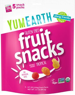 YumEarth, Gluten Free Fruit Snacks, glutenfreie Fruchtsnacks, tropisch, 5 Snack-Packs, je 19,8 g (0,7 oz.).