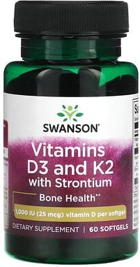Thumbnail - Swanson, Vitamins D3 and K2 with Strontium, Vitamine D3 und K2 mit Strontium, 25 mcg (1.000 IU), 60 Weichkapseln