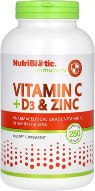 NutriBiotic, Immunität, Vitamin C + D3 und Zink, 250 Kapseln