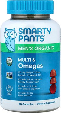 SmartyPants, Organic, Men‘s Multi & Omegas Gummies, Fruchtgummis mit Multivitamine und Omega-Fettsäuren für Männer, Himb...